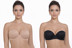 Two images of a woman wearing strapless bras in beige and black on a white background.