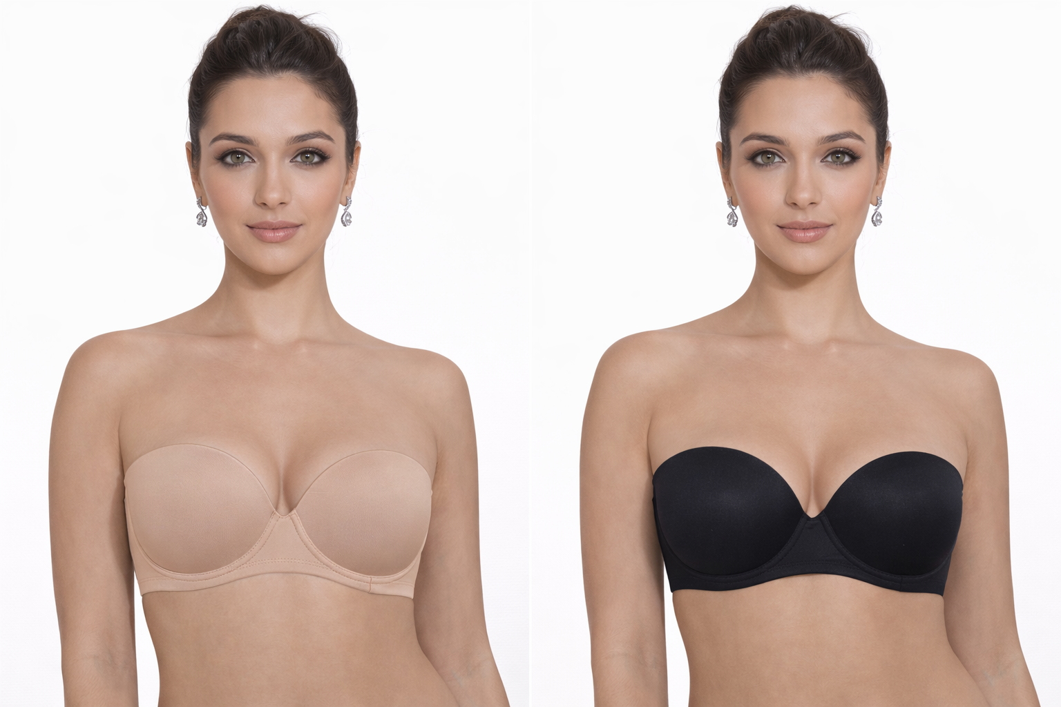 Two images of a woman wearing strapless bras in beige and black on a white background.